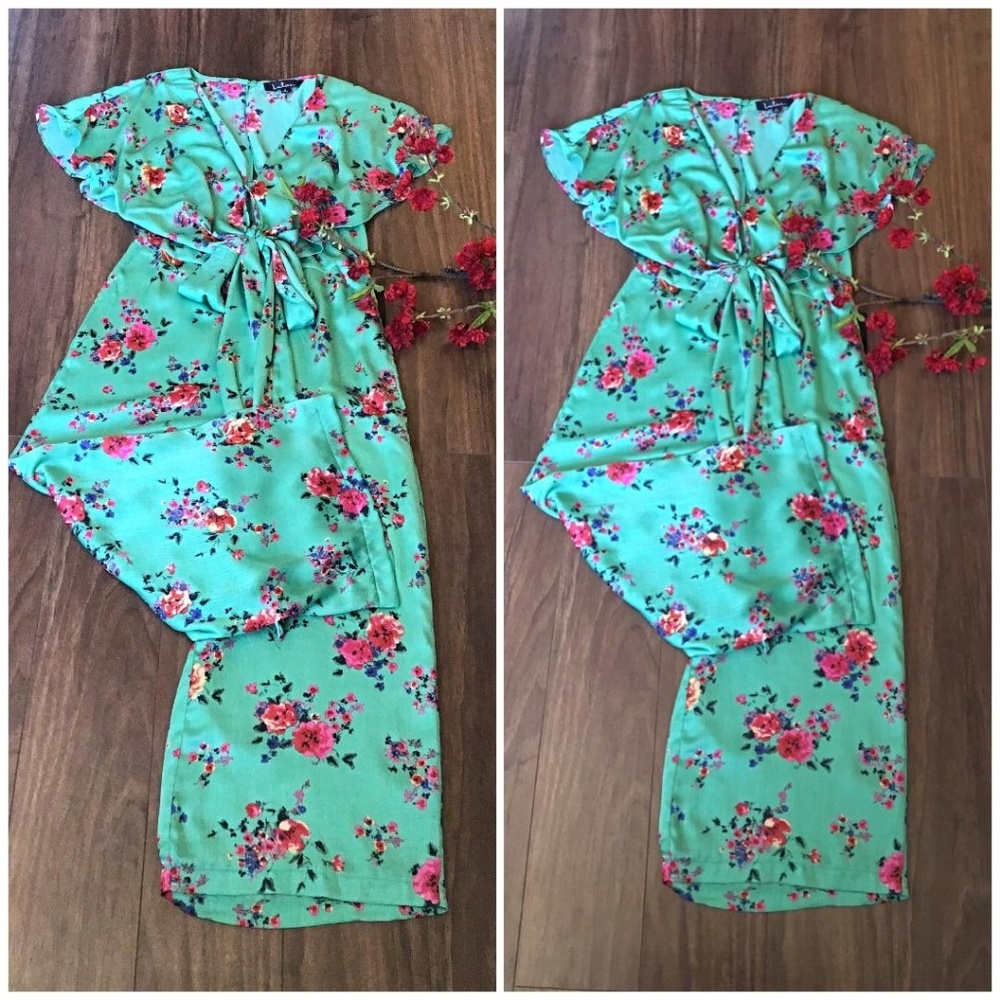 FEW LEFT❗Lulu's Mint Floral Cropped Jumpsuit - Picture 5 of 7